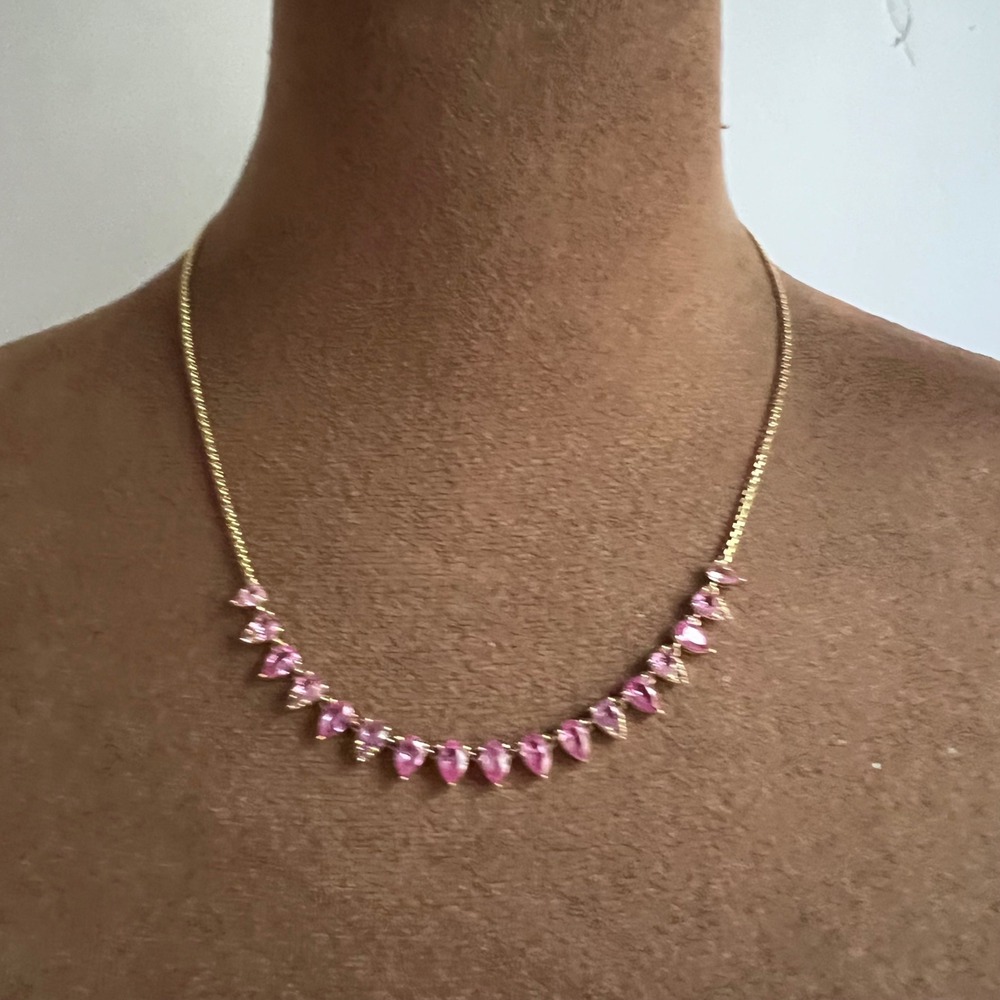 Pink Teardrop Crystal Gold Tone Adjustable Necklace 17 Inch Size Small Medium